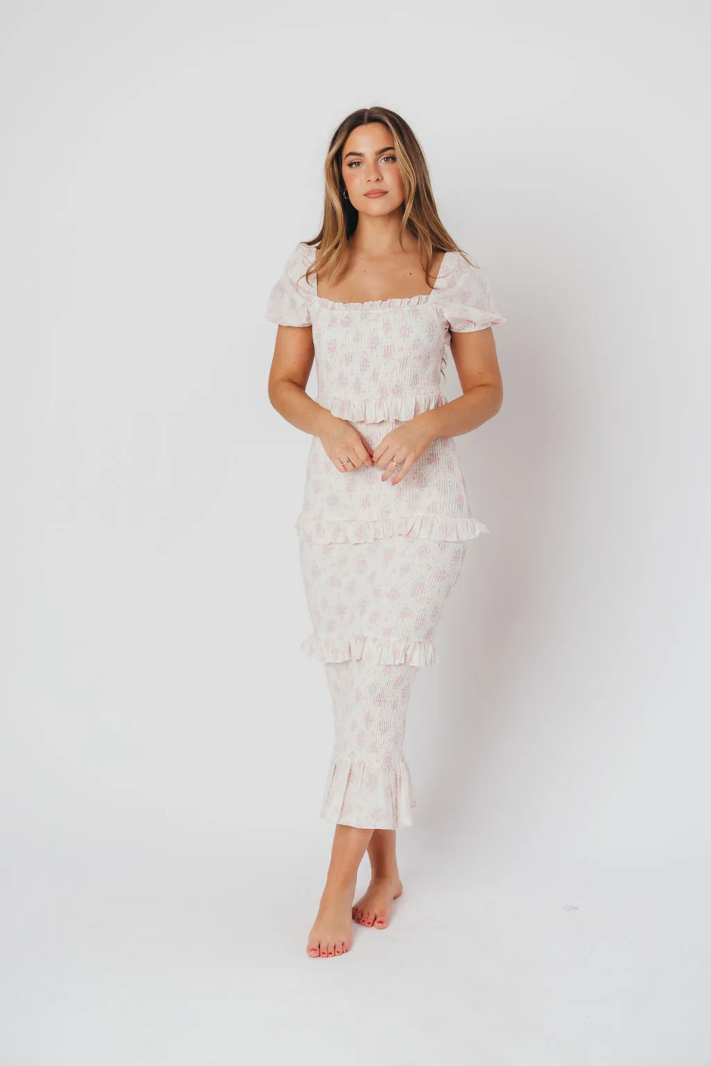 Ada Smocked Dress in Pink Floral - Bump Friendly & Inclusive Sizing (S-3XL) - Restocking End of April
