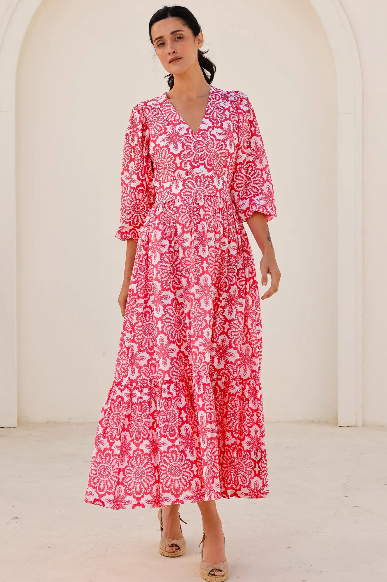 Annie Maxi Organic Cotton Dress | Lace Floral White/Pink