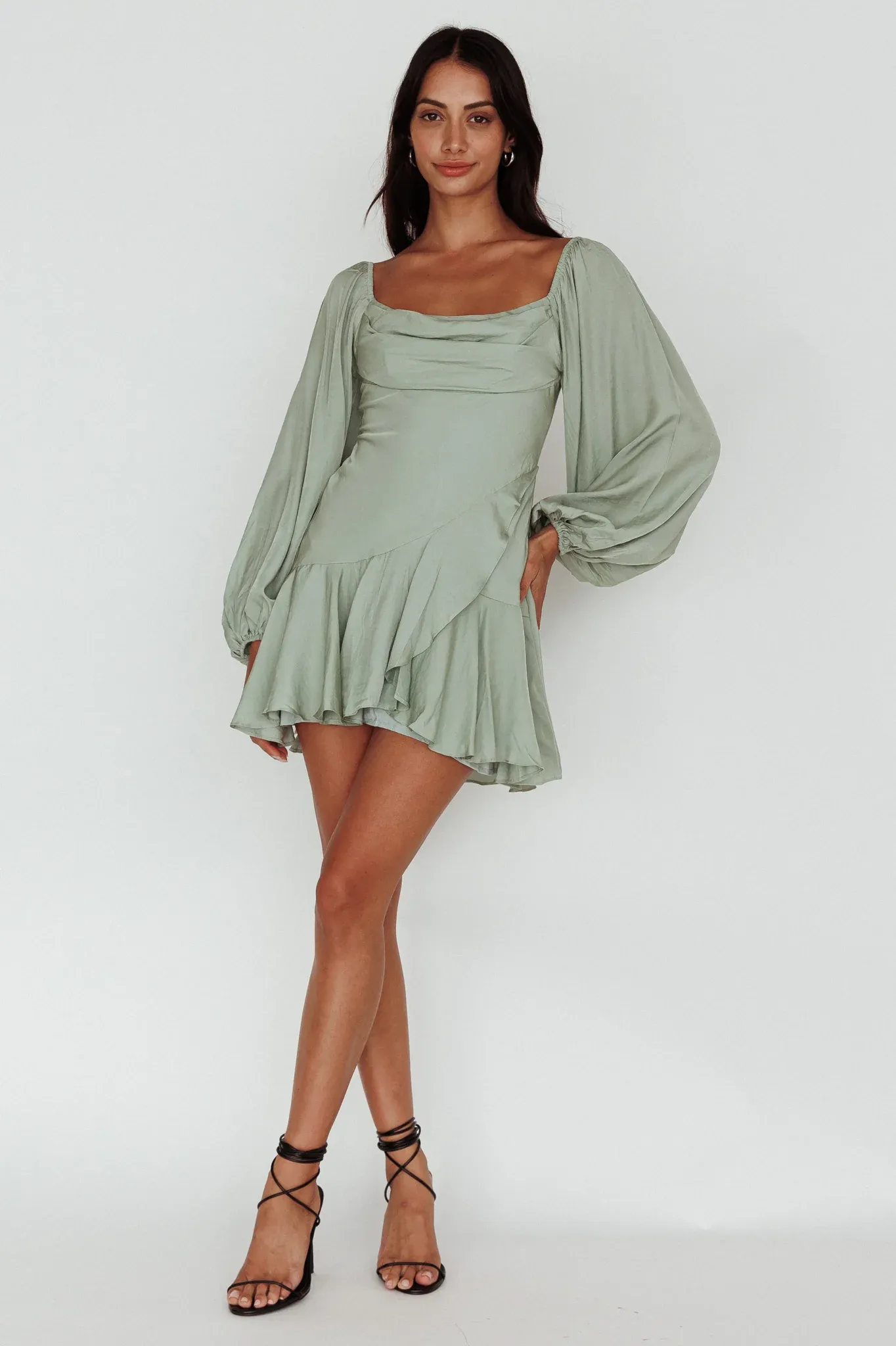 Beaujolais Long Sleeve Cowl Neckline Ruffle Mini Dress Sage