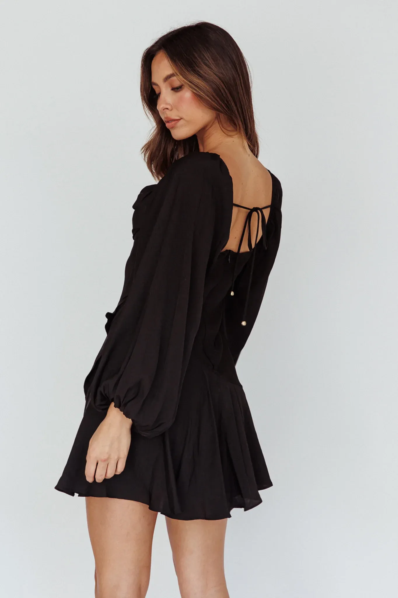 Beaujolais Long Sleeve Cowl Neckline Ruffle Satin Mini Dress Black