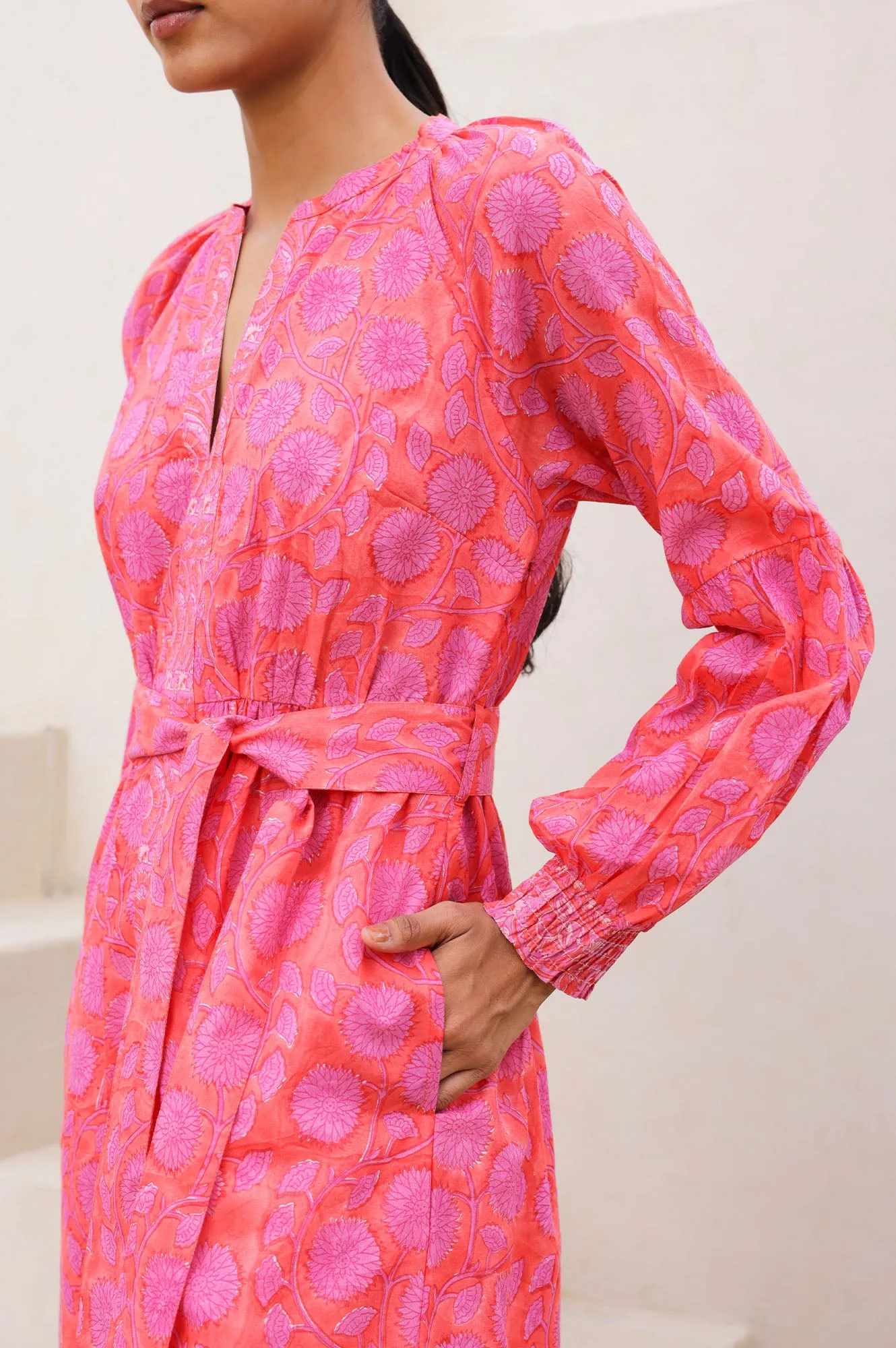 Cara Organic Cotton Block Print Short Dress | Mara Red/Pink