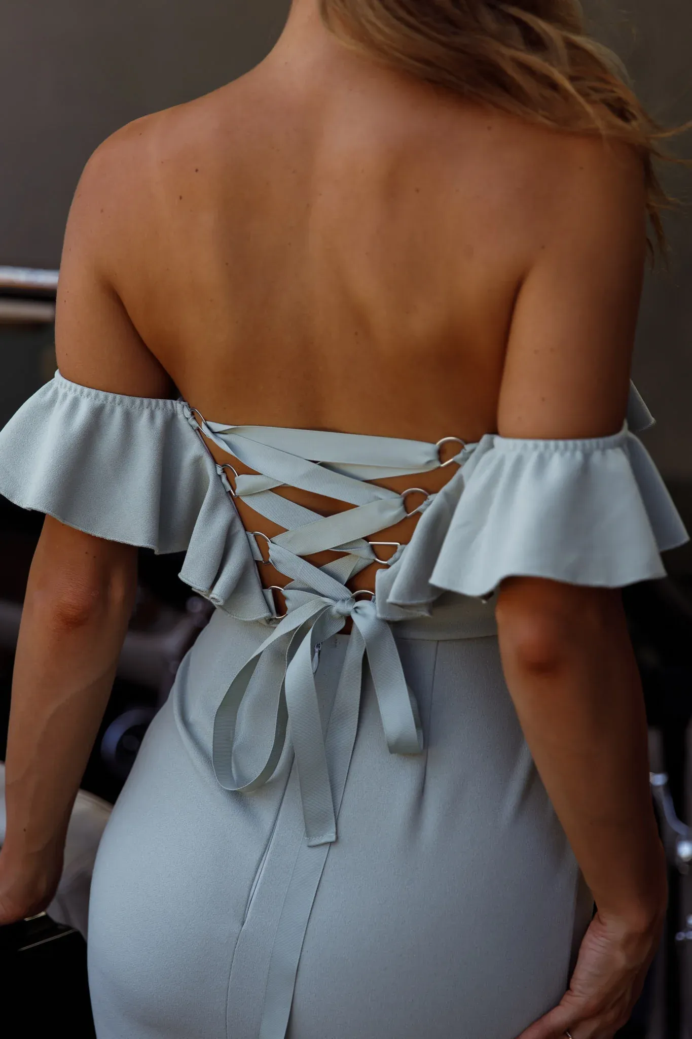 Cloud 9 Bardot Neckline Corset Back Dress Sage