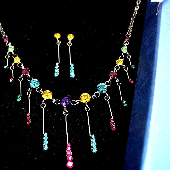 Colorful Crystal Gun Plating Earring Necklace Set