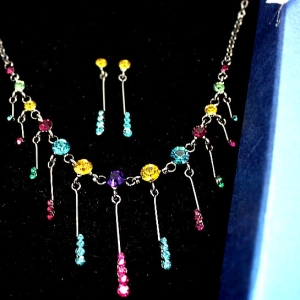 Colorful Crystal Gun Plating Earring Necklace Set