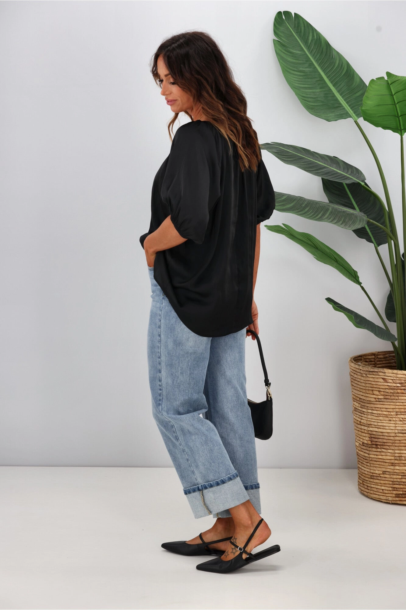 Gloss by Shine On Eve Satin Gathered Top Black