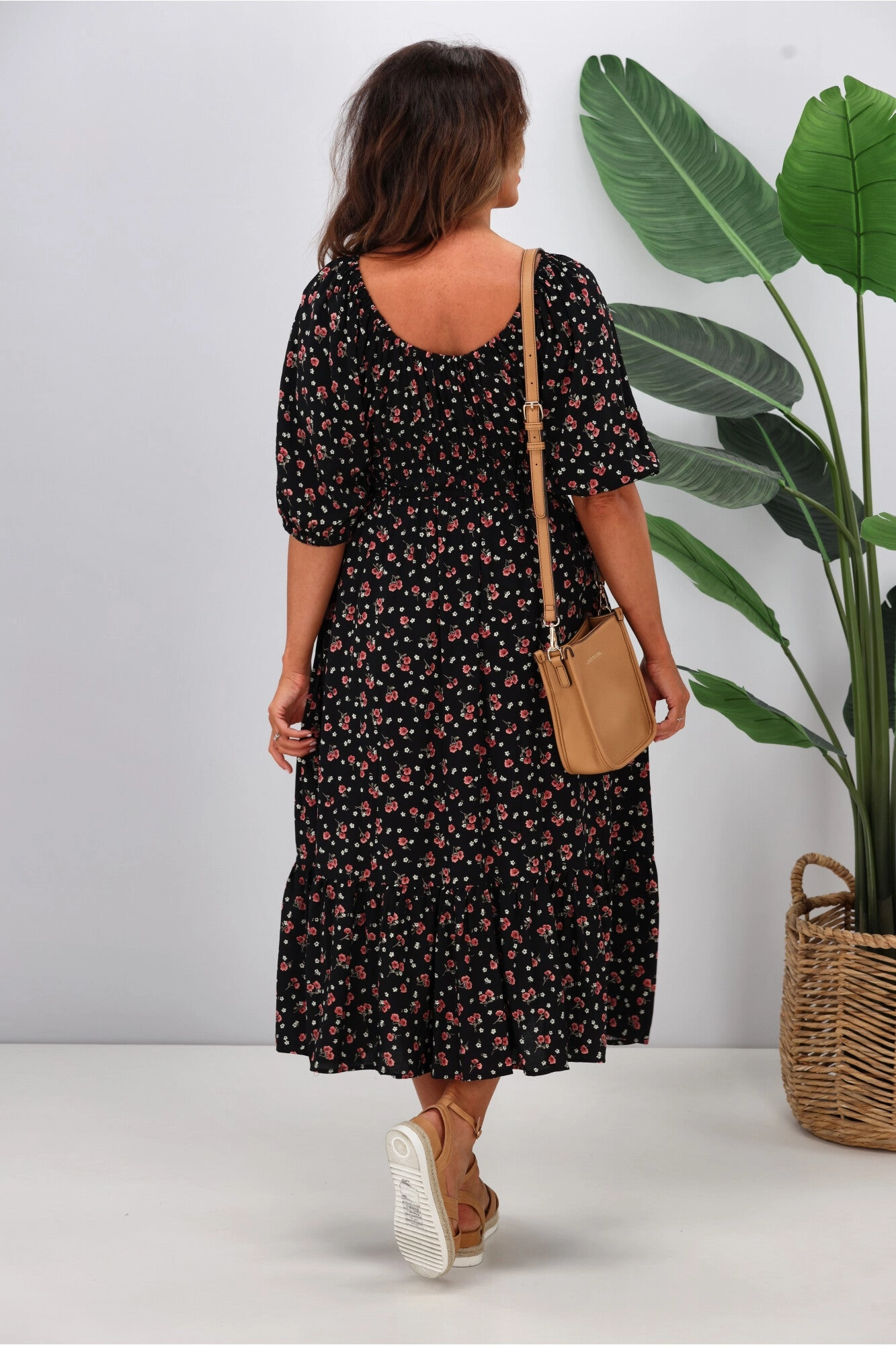 Gloss by Shine On Indira Frill Hem Dress Black Ditsy Print