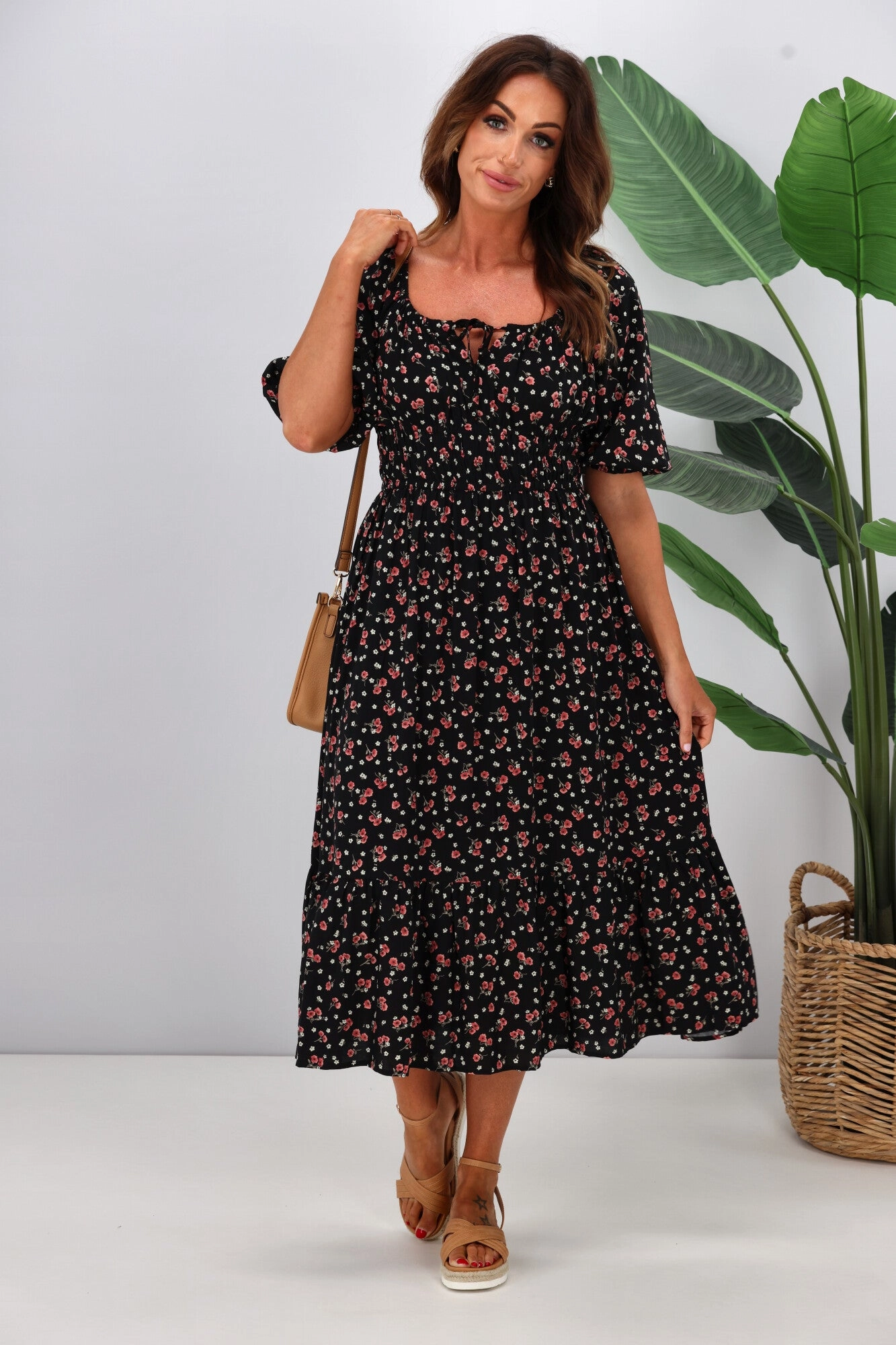 Gloss by Shine On Indira Frill Hem Dress Black Ditsy Print