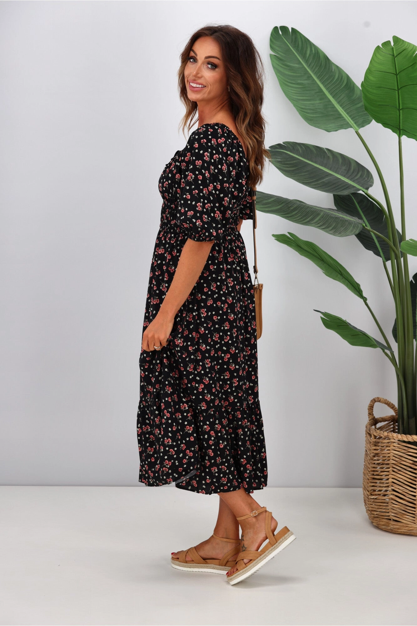 Gloss by Shine On Indira Frill Hem Dress Black Ditsy Print
