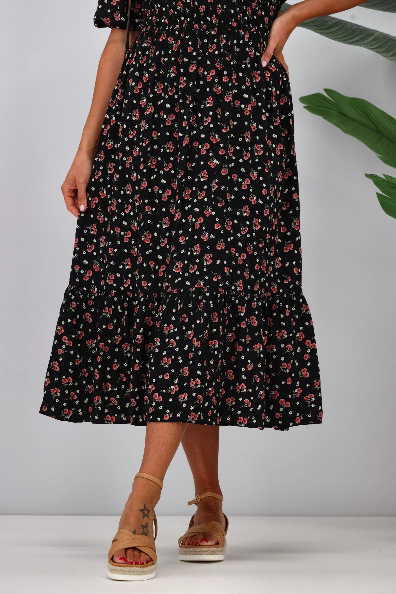 Gloss by Shine On Indira Frill Hem Dress Black Ditsy Print