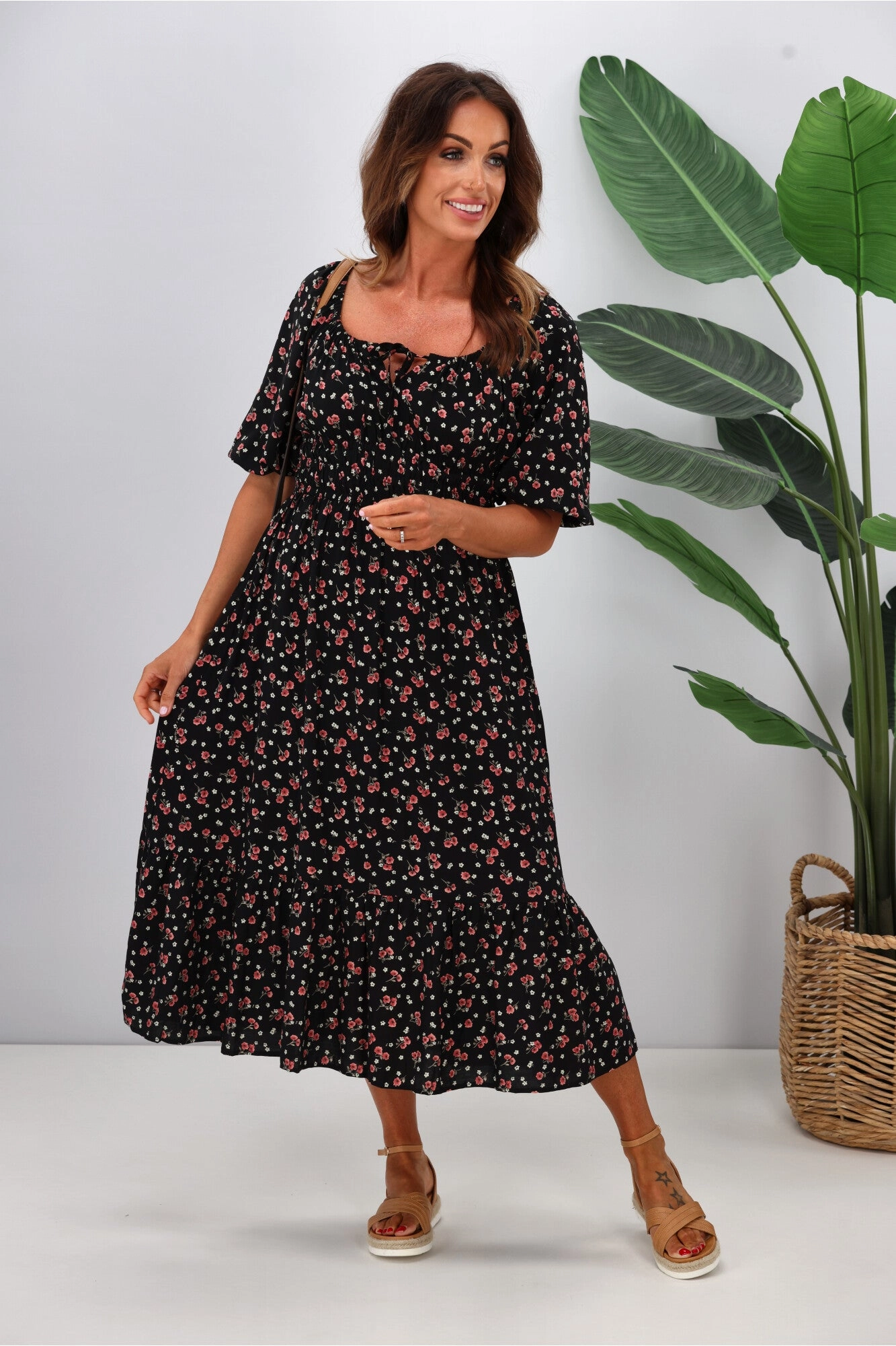Gloss by Shine On Indira Frill Hem Dress Black Ditsy Print