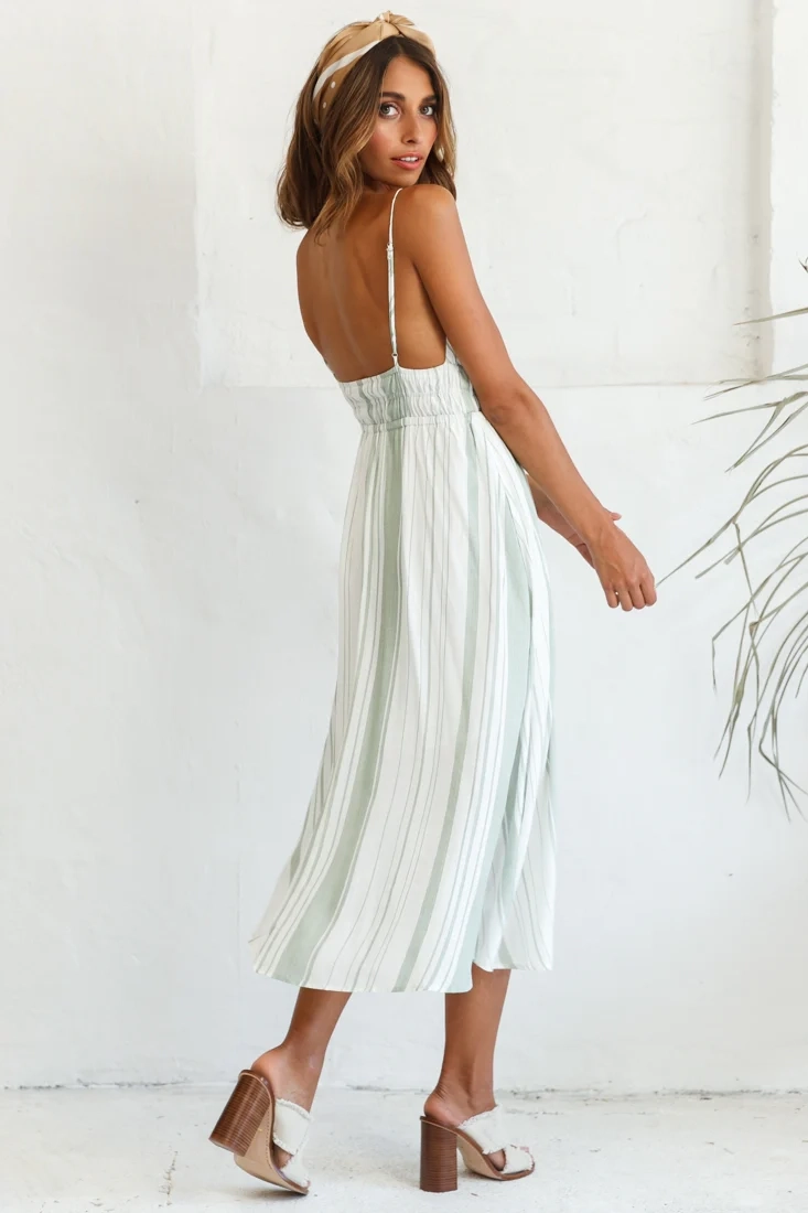 Hosanna Drawstring Detail Pocket Midi Dress Stripe Print Olive