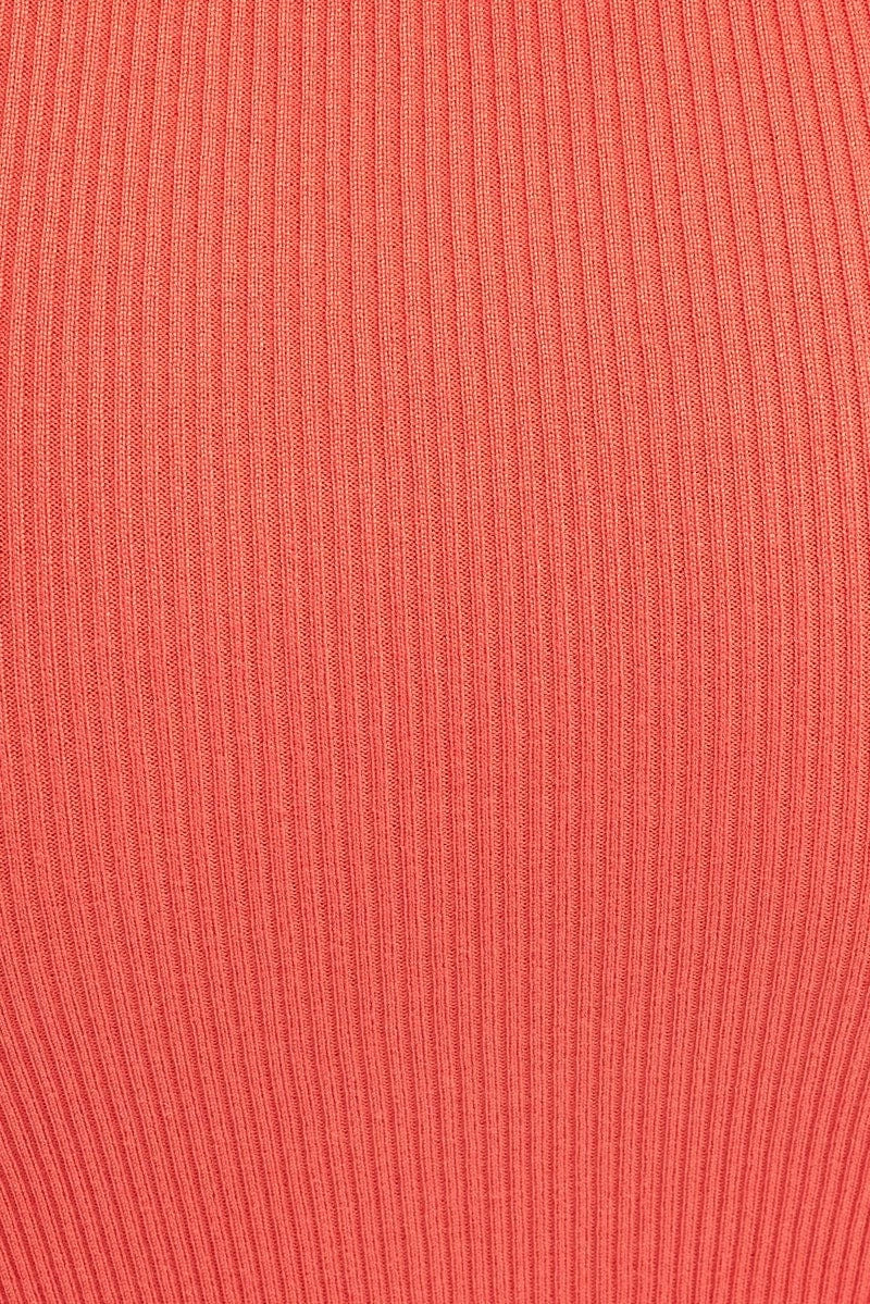 Orange Midi Dress Bodycon Round Neck Ribbed Knit