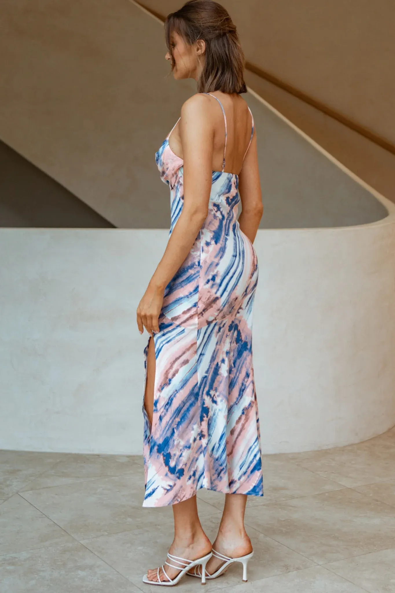 Well Versed Pleated Bust Front Split Dress Blue Multi
