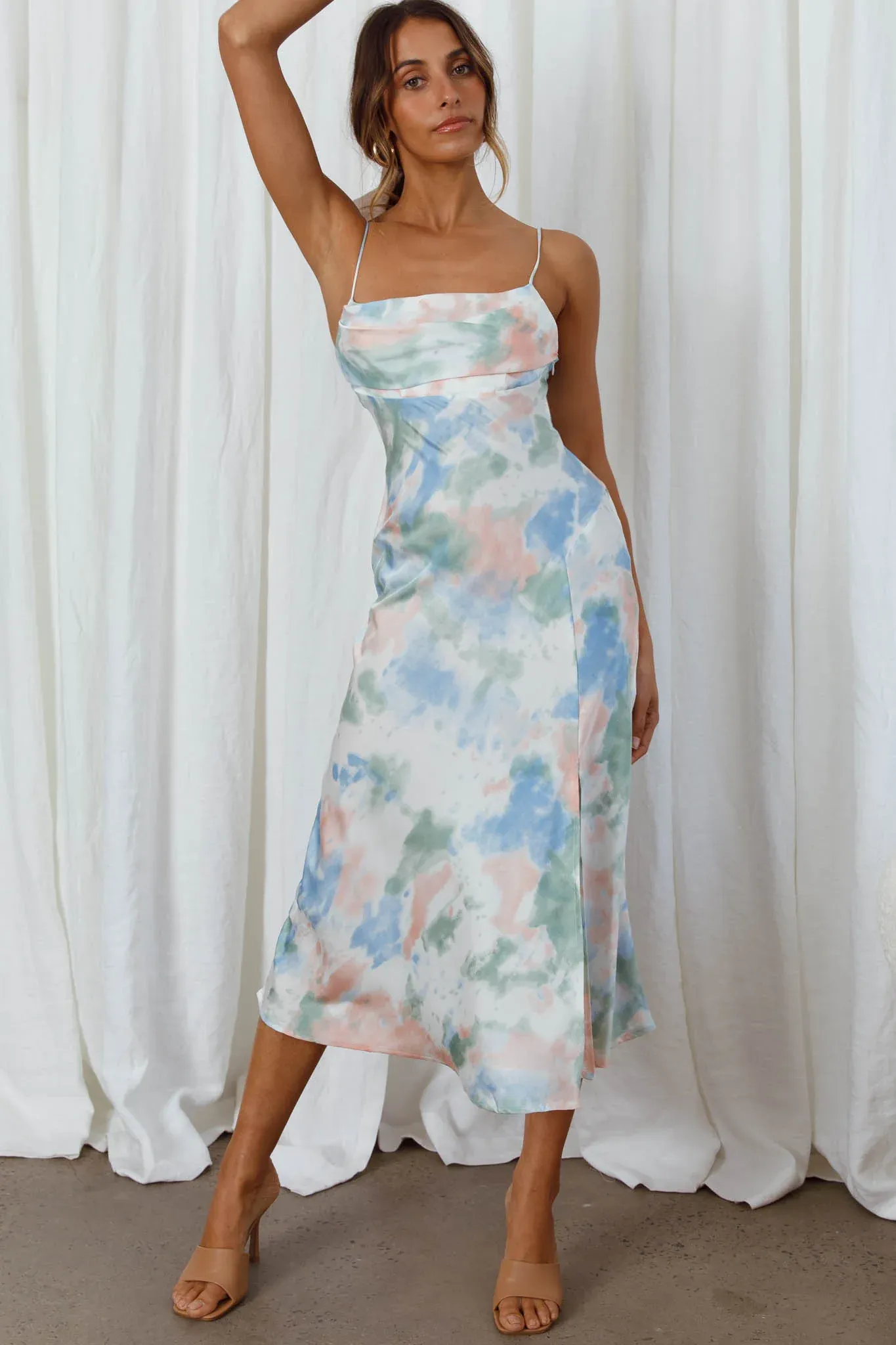 Well Versed Pleated Bust Front Split Dress Watercolor Green